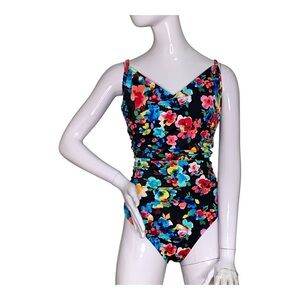 Aqua Green One Piece Swimsuit Floral Print Adjustable Straps Padded Size XL